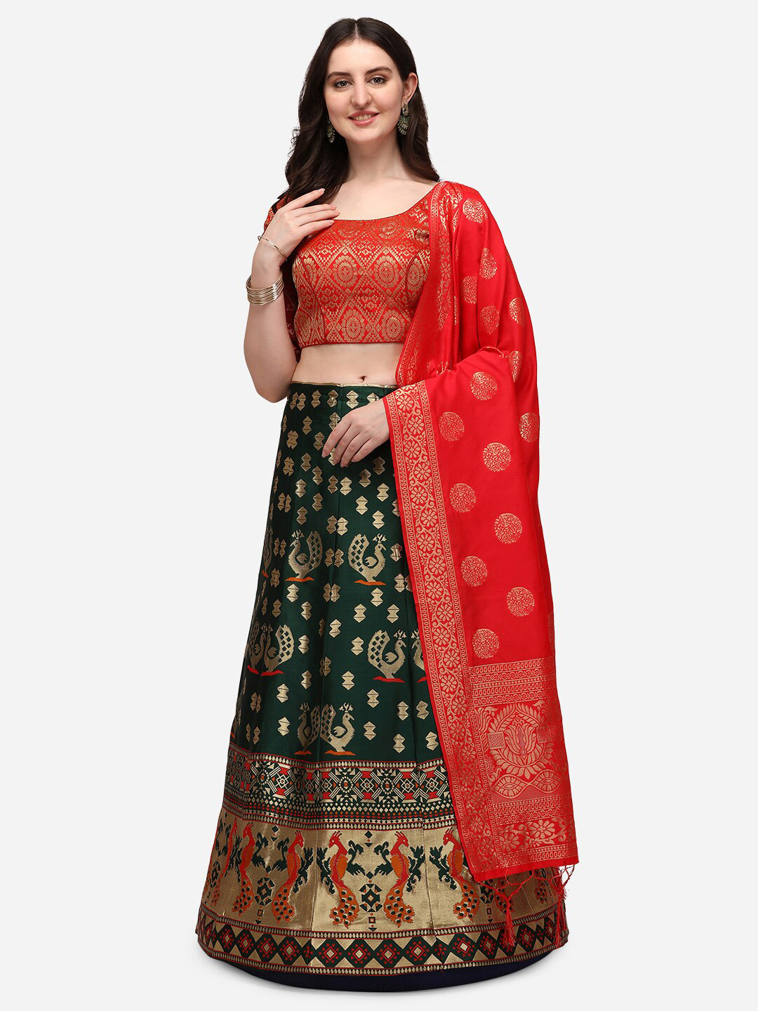 

JATRIQQ Green & Red Ready to Wear Lehenga & Unstitched Blouse With Dupatta