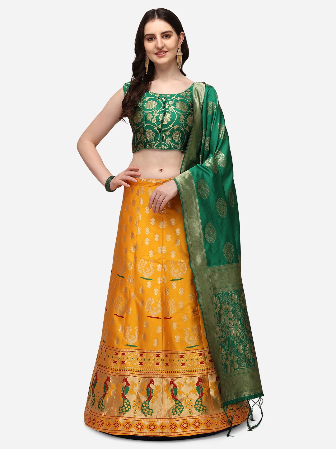 

JATRIQQ Yellow & Green Woven Design Semi-Stitched Lehenga & Unstitched Blouse & Dupatta