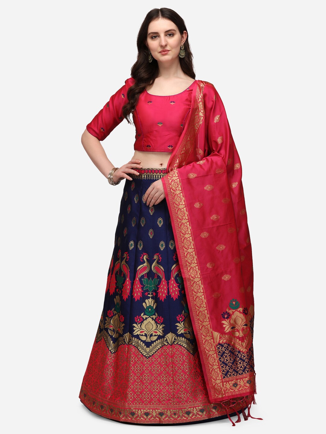 

JATRIQQ Blue & Fuchsia Ready to Wear Lehenga & Unstitched Blouse With Dupatta