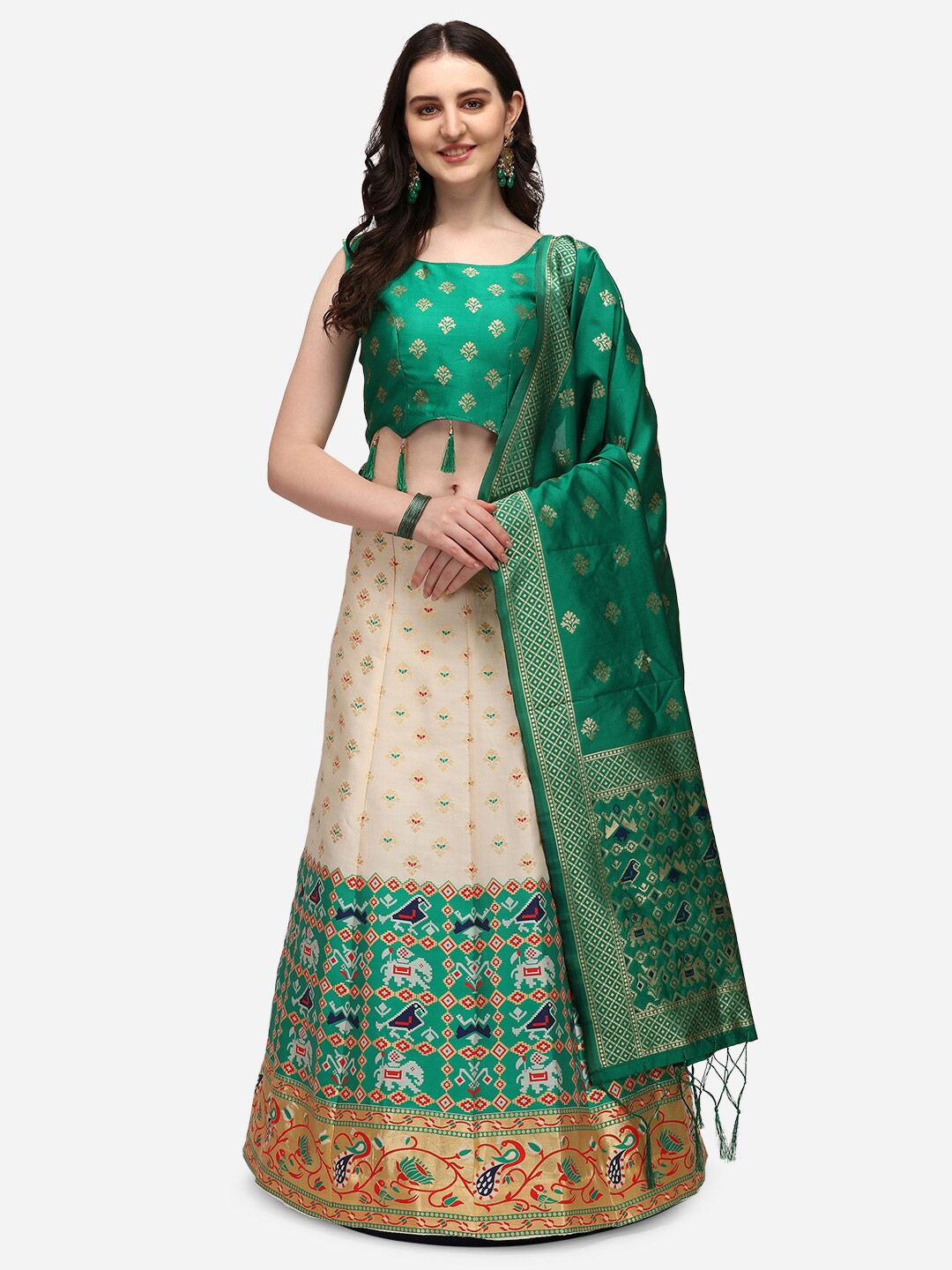 

JATRIQQ Cream-Coloured & Green Ready to Wear Lehenga & Blouse With Dupatta