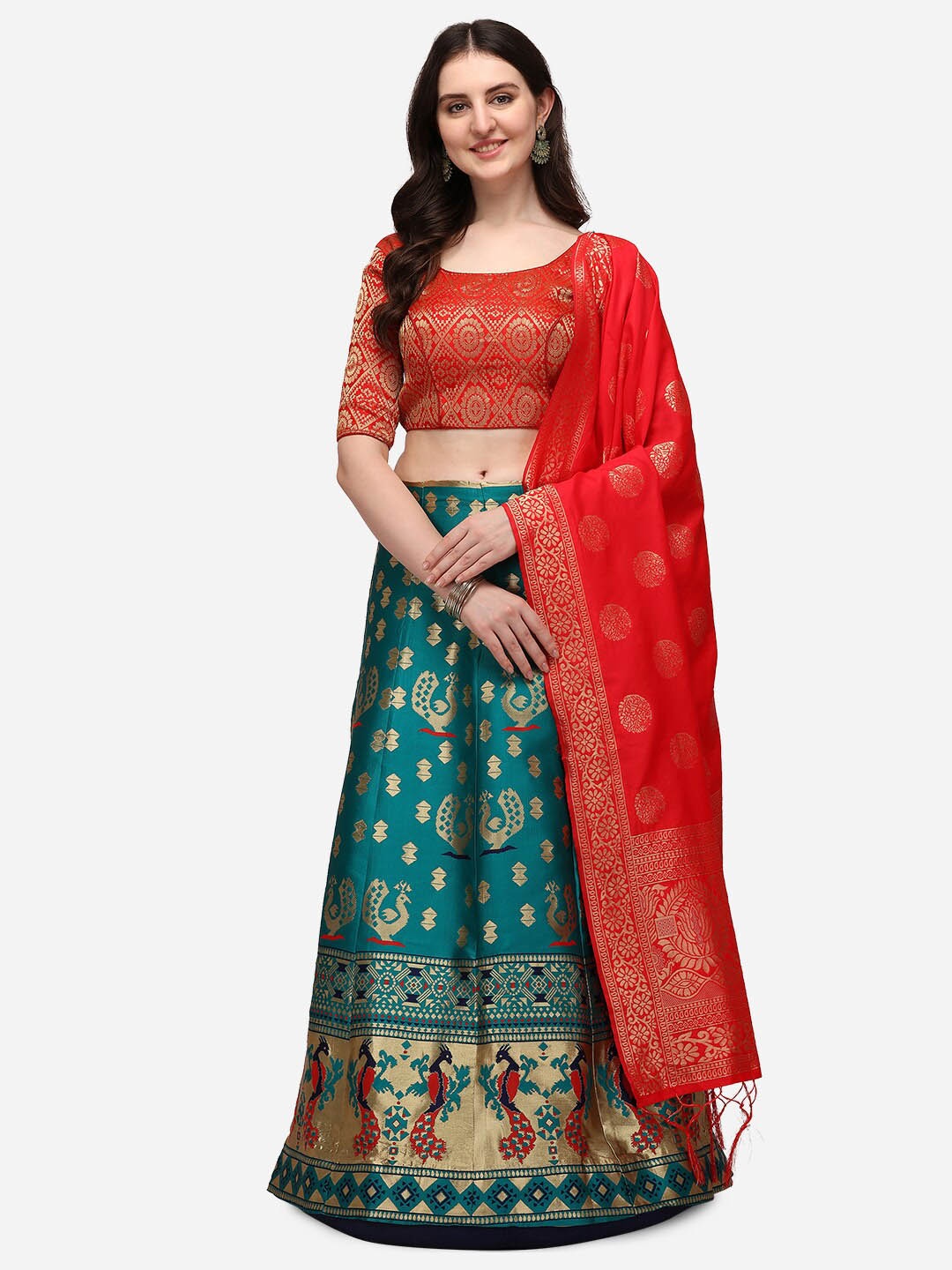 

JATRIQQ Teal & Red Ready to Wear Lehenga & Unstitched Blouse With Dupatta