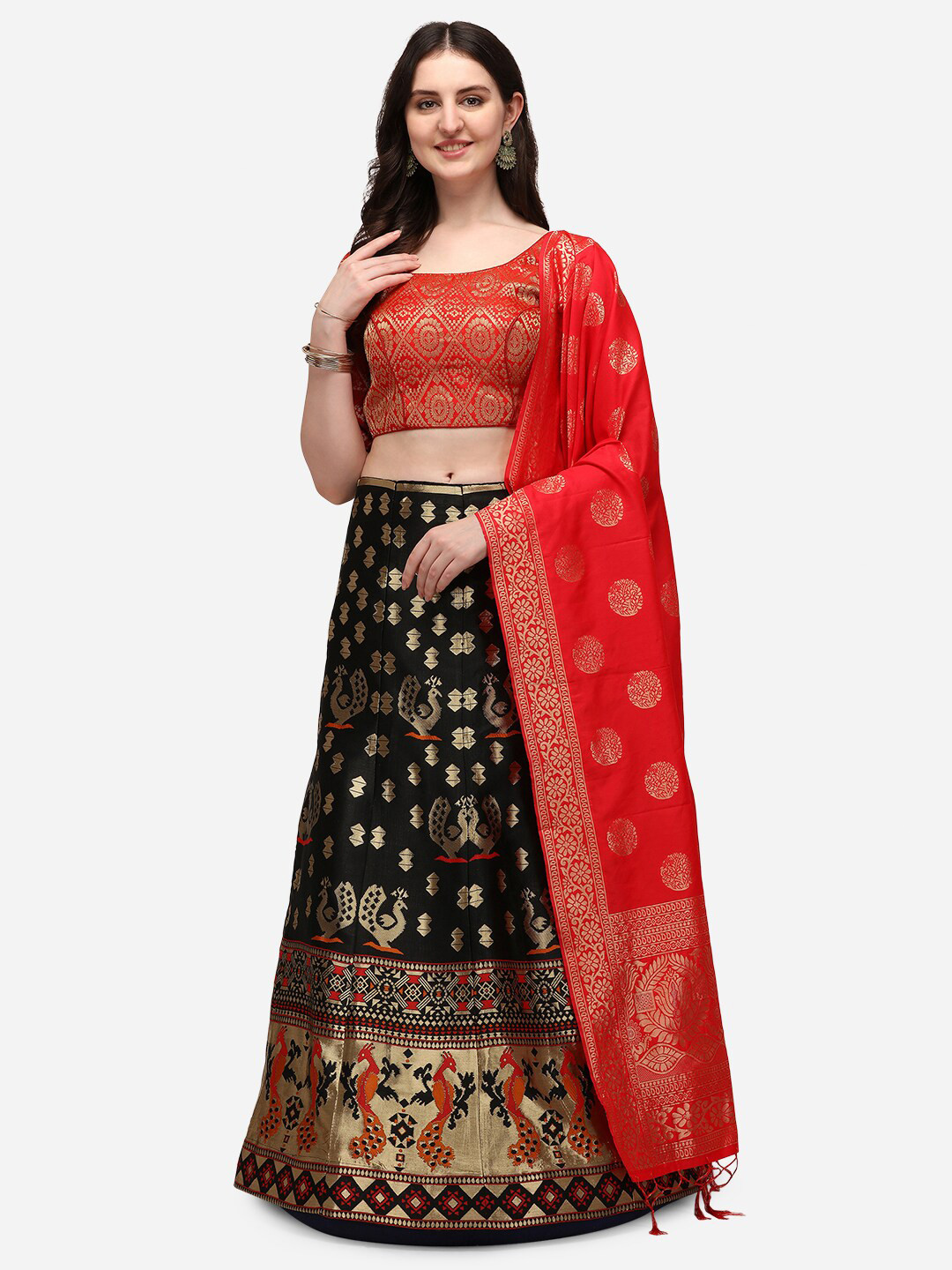 

JATRIQQ Black & Red Semi-Stitched Lehenga & Unstitched Blouse With Dupatta