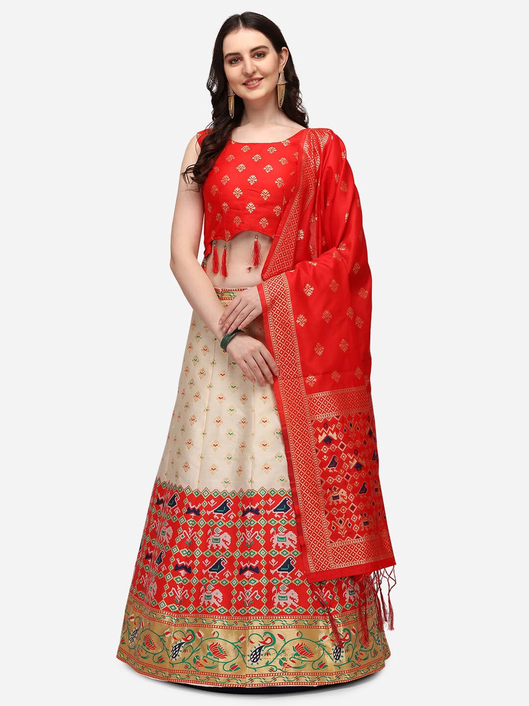 

JATRIQQ Cream-Coloured & Red Semi-Stitched Lehenga & Ready to Wear Blouse With Dupatta