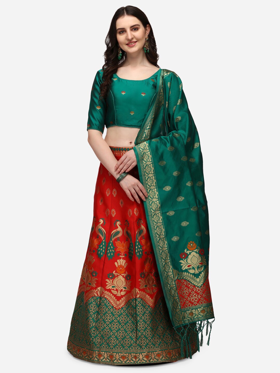 

JATRIQQ Red & Teal Woven Design Semi-Stitched Lehenga & Unstitched Blouse With Dupatta Set