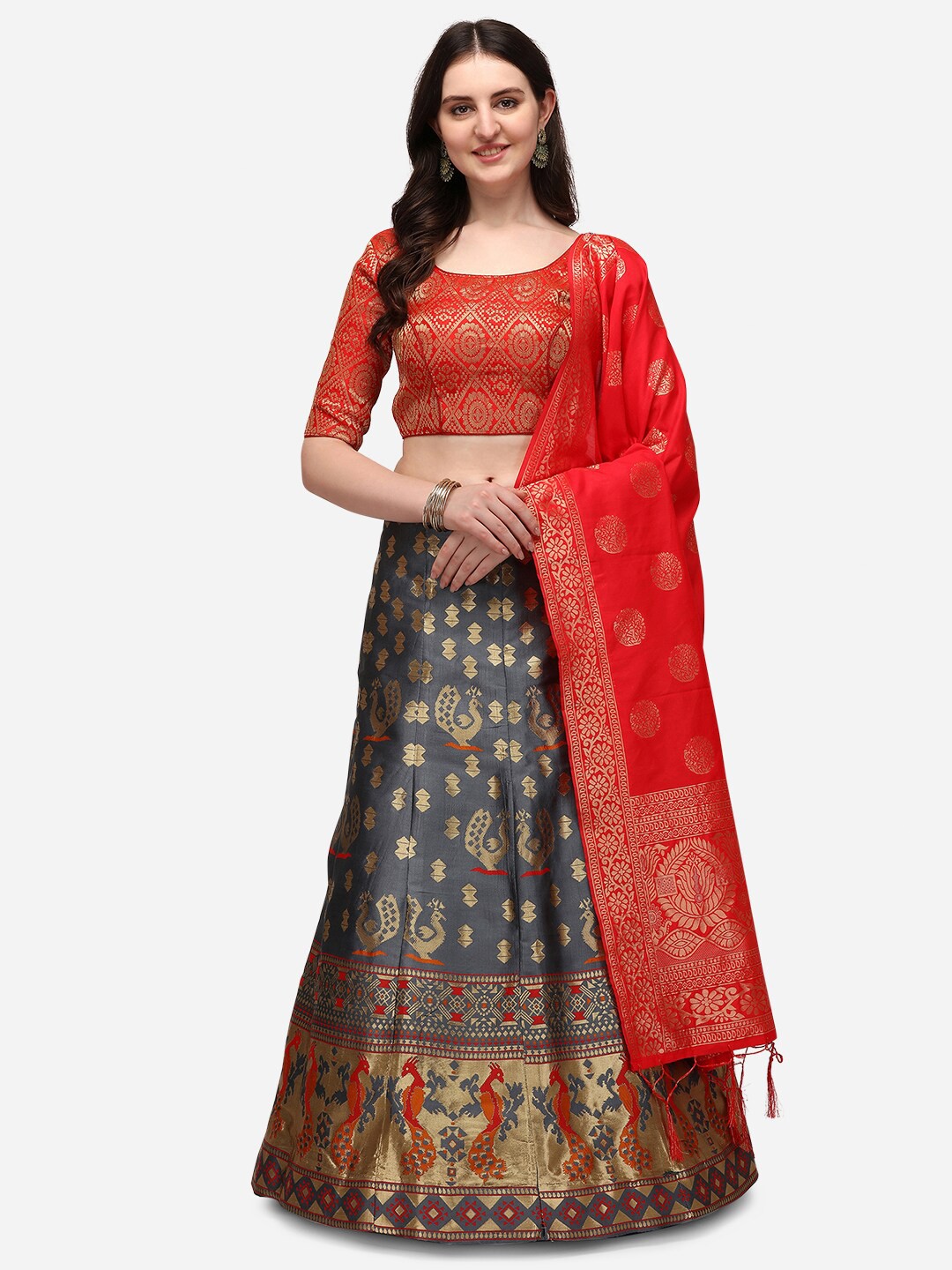 

JATRIQQ Grey & Red Semi-Stitched Lehenga & Unstitched Blouse With Dupatta