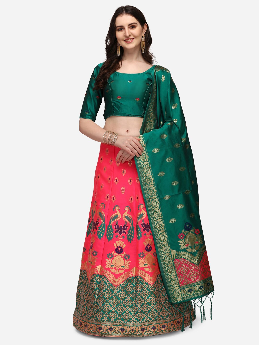 

JATRIQQ Pink & Green Semi-Stitched Lehenga & Unstitched Blouse With Dupatta