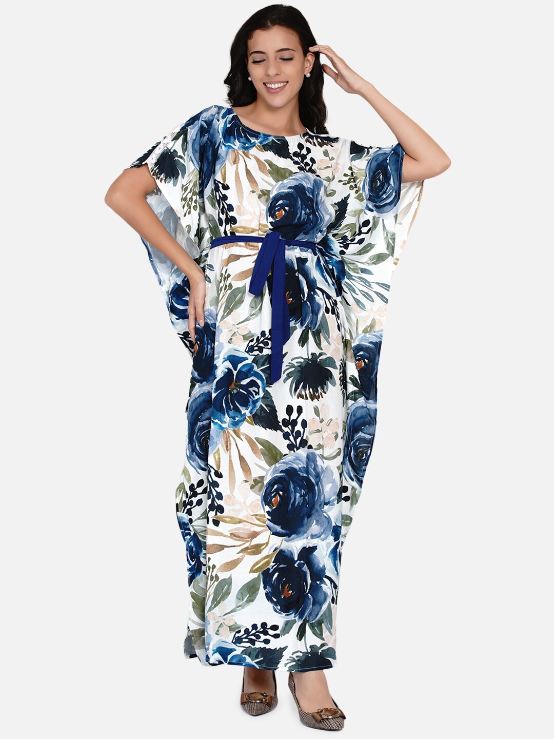 

The Kaftan Company Navy Blue & Cream-Coloured Floral Maxi Dress