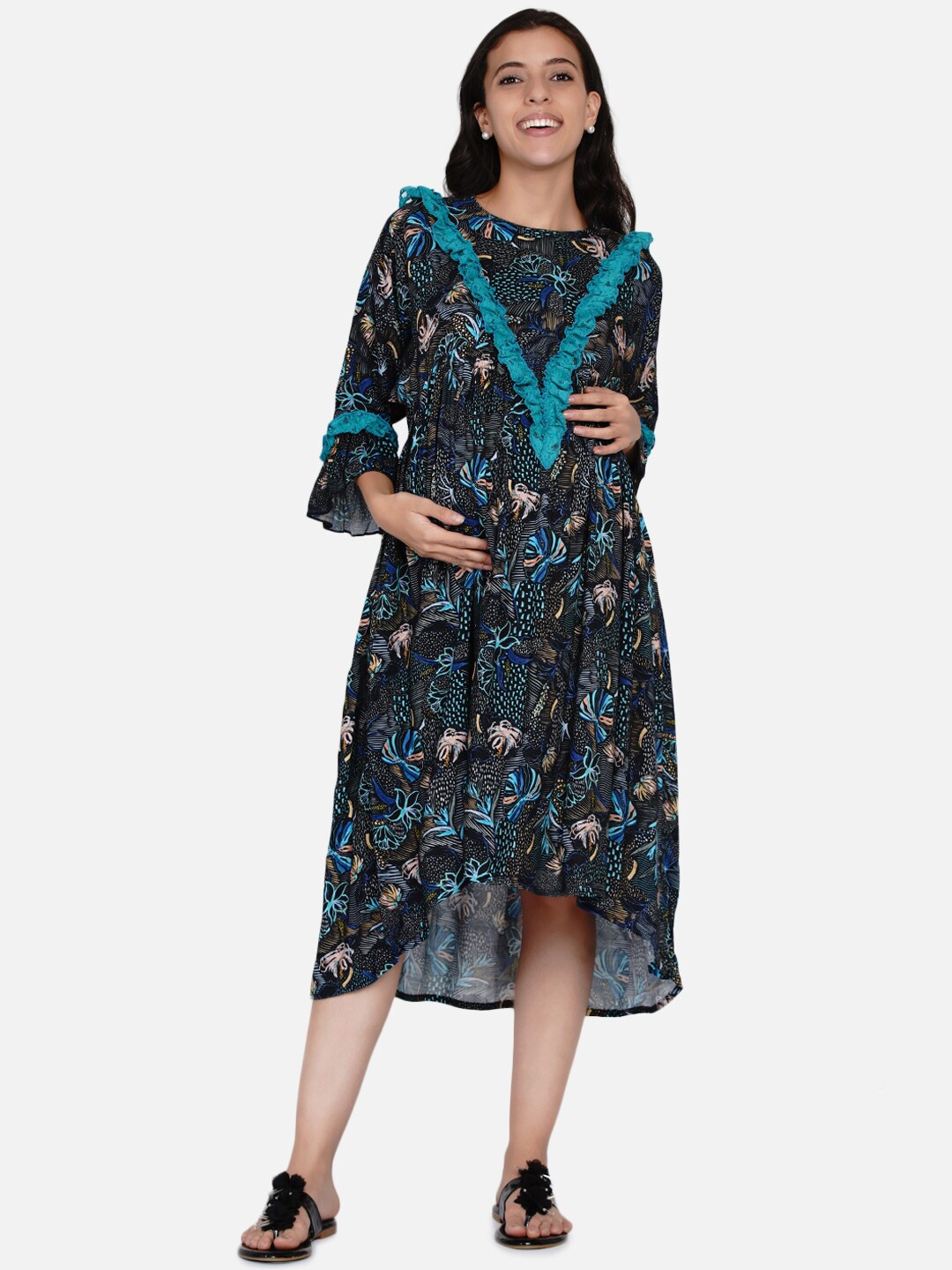 

The Kaftan Company Navy Blue Floral Printed Maternity A-Line Midi Dress
