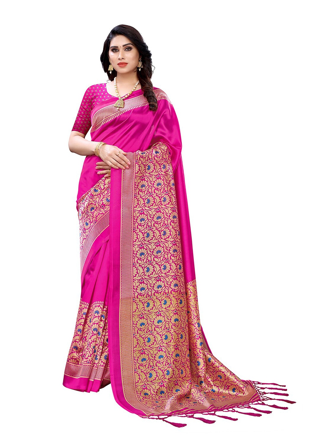 

KALINI Pink & Blue Floral Printed Art Silk Saree