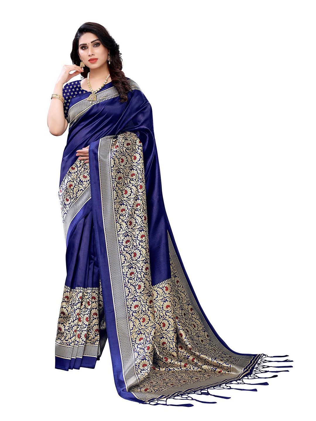 

KALINI Navy Blue & Silver-Toned Floral Printed Art Silk Saree