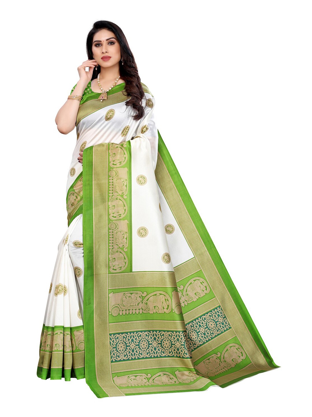 

KALINI Off White & Green Ethnic Motifs Art Silk Saree