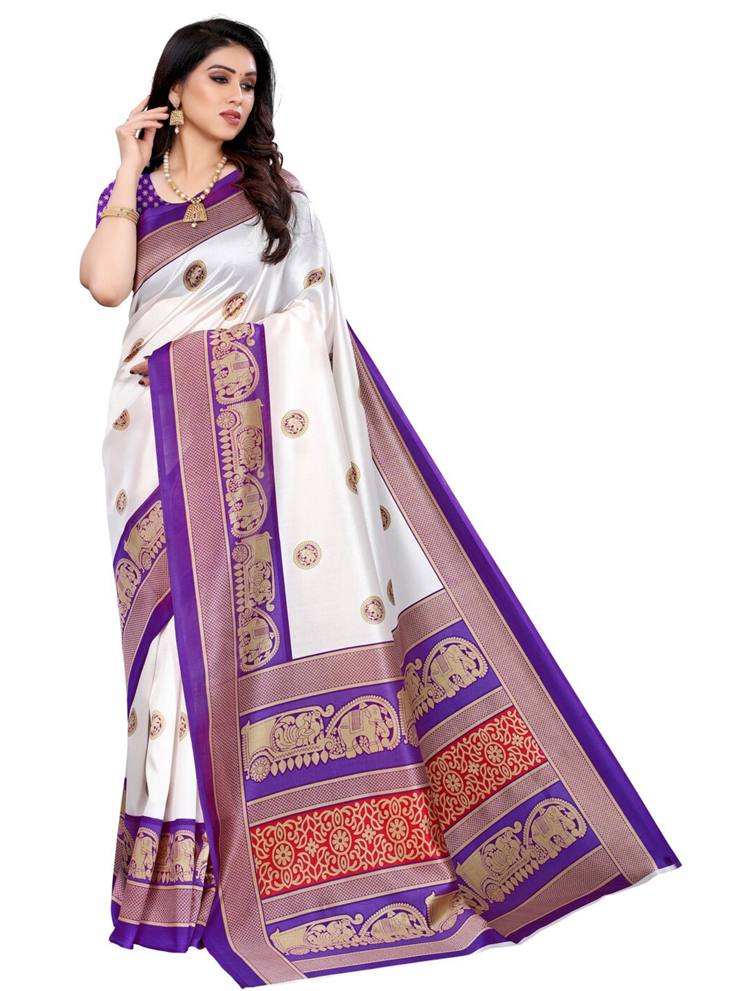 

KALINI Off White & Purple Ethnic Motifs Printed Art Silk Saree