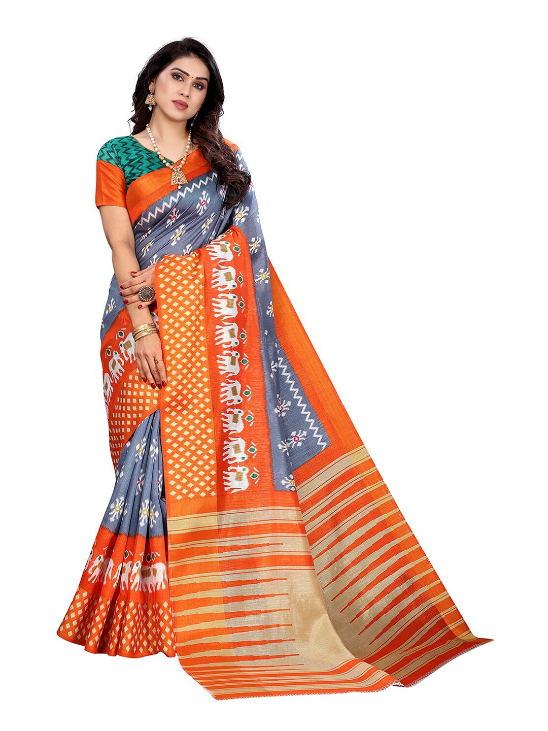 

KALINI Grey & Orange Ethnic Motifs Printed Silk Cotton Saree