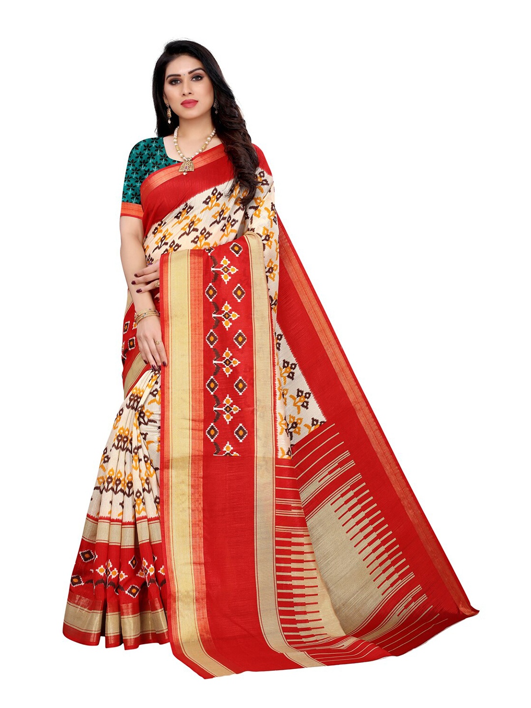 

KALINI Red & Cream-Coloured Ethnic Motifs Printed Silk Cotton Saree
