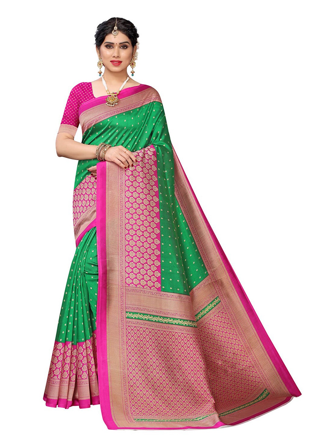 

KALINI Green & Pink Ethnic Motifs Printed Art Silk Saree