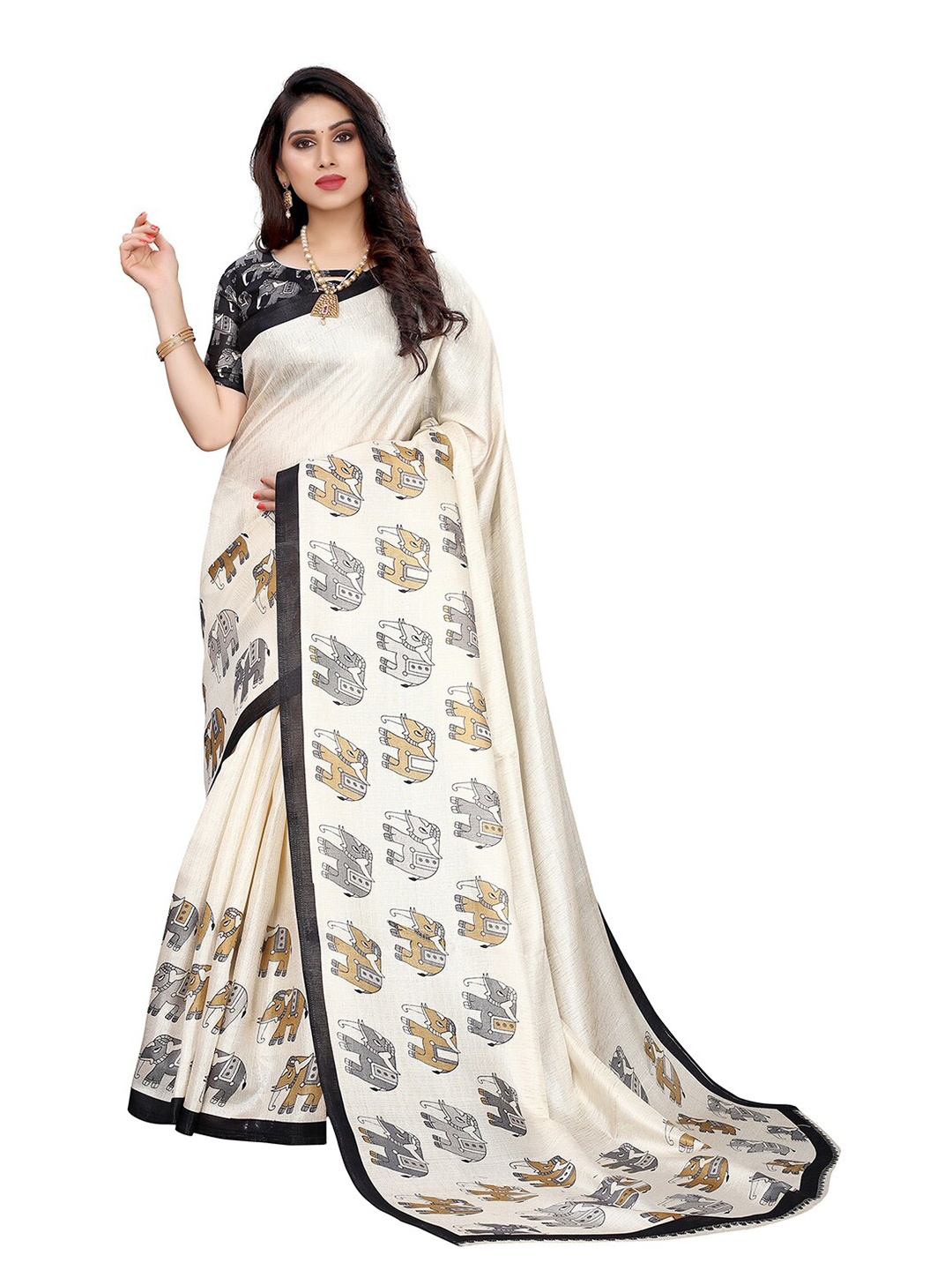 

KALINI Cream-Coloured & Grey Ethnic Motifs Silk Blend Printed Saree