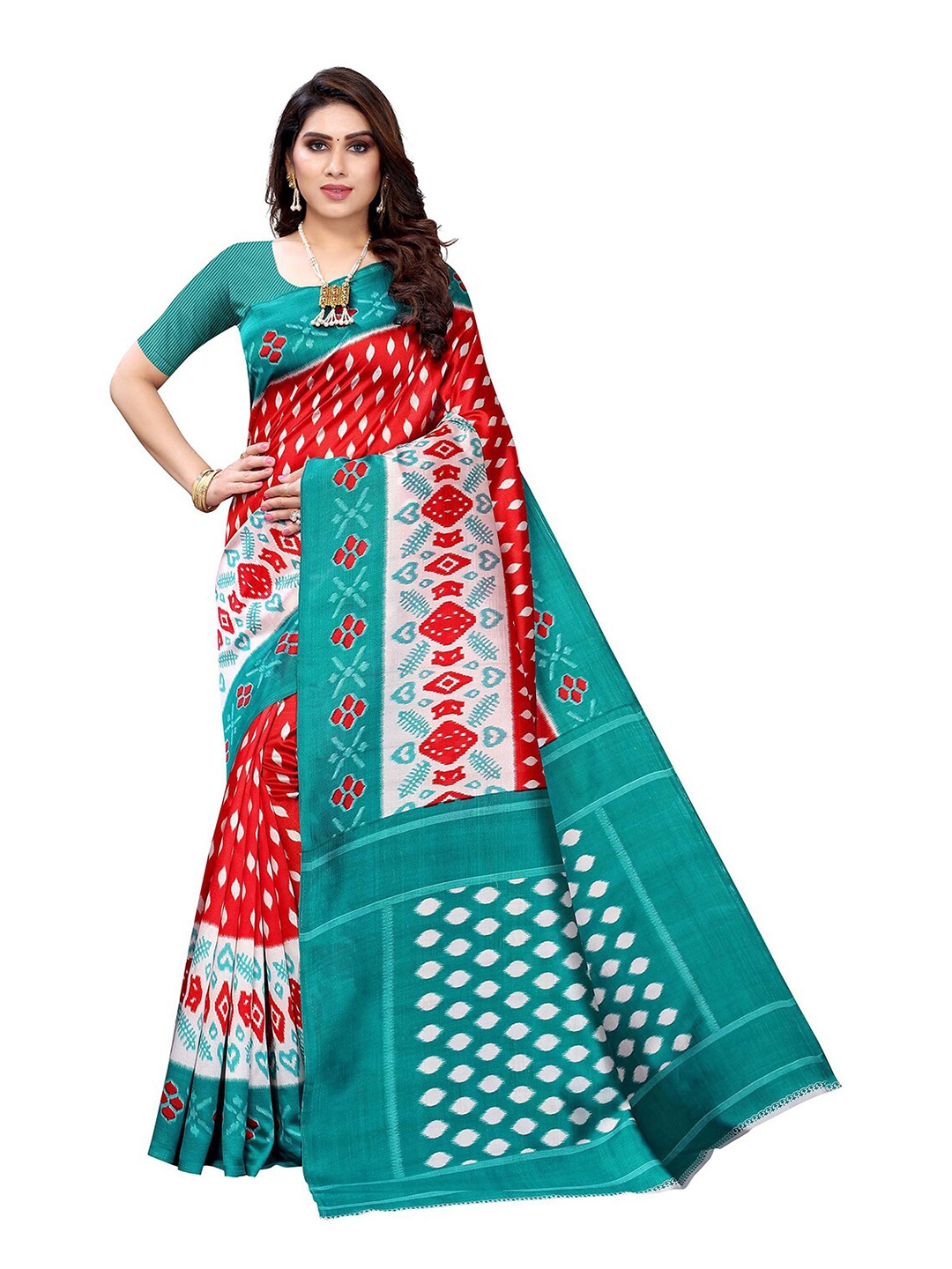 

KALINI Red & Turquoise Blue Ethnic Motifs Art Silk Saree