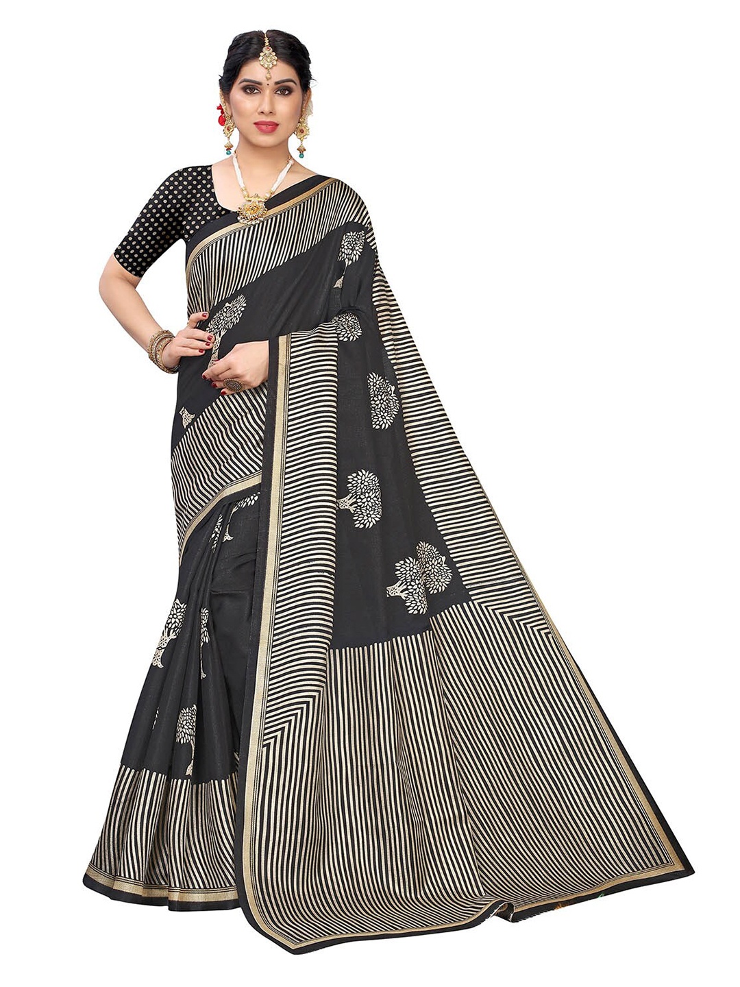 

KALINI Black & White Floral Printed Silk Blend Khadi Saree
