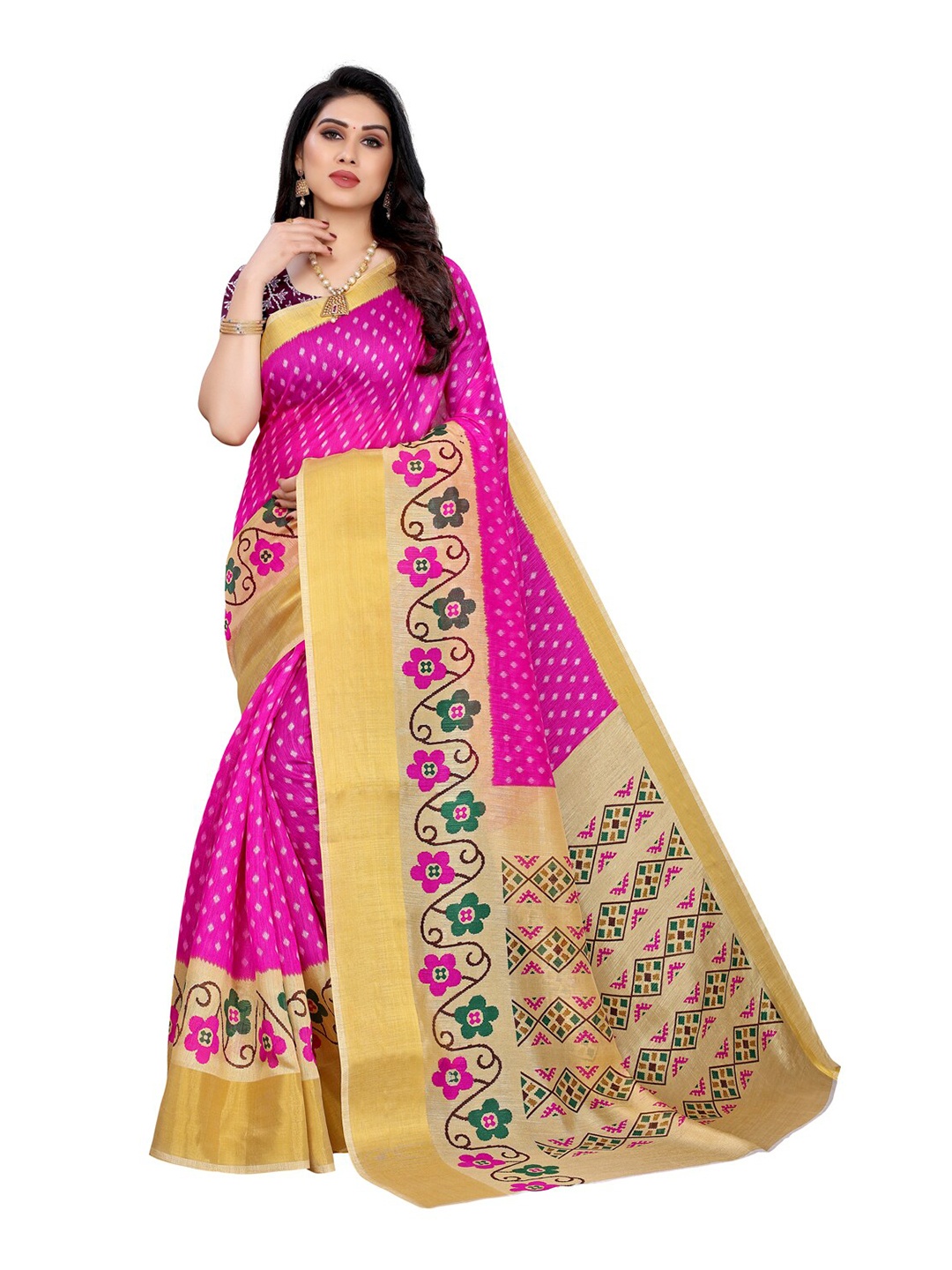 

KALINI Pink & Gold-Coloured Ethnic Motifs Printed Zari Silk Cotton Saree