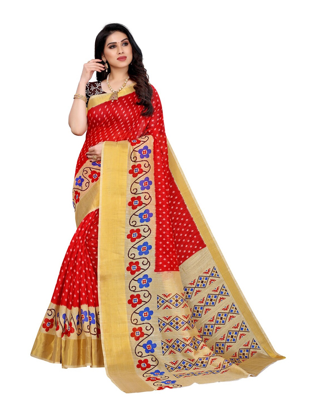 

KALINI Red & Gold-Toned Floral Zari Silk Cotton Saree