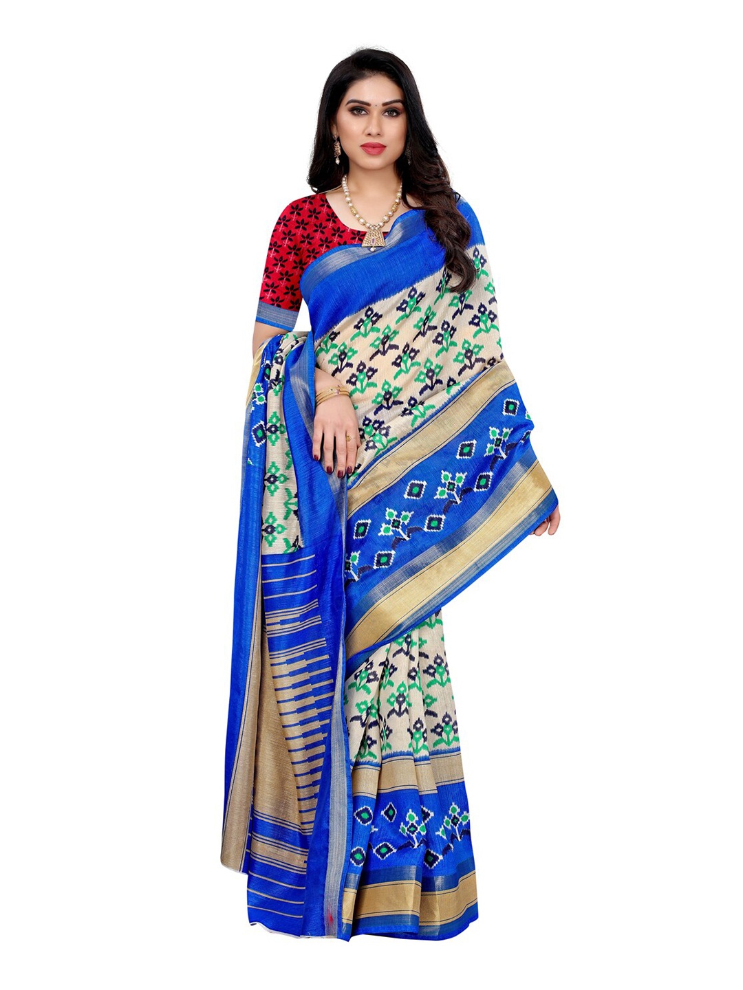 

KALINI Cream-Coloured & Blue Floral Printed Zari Silk Cotton Saree