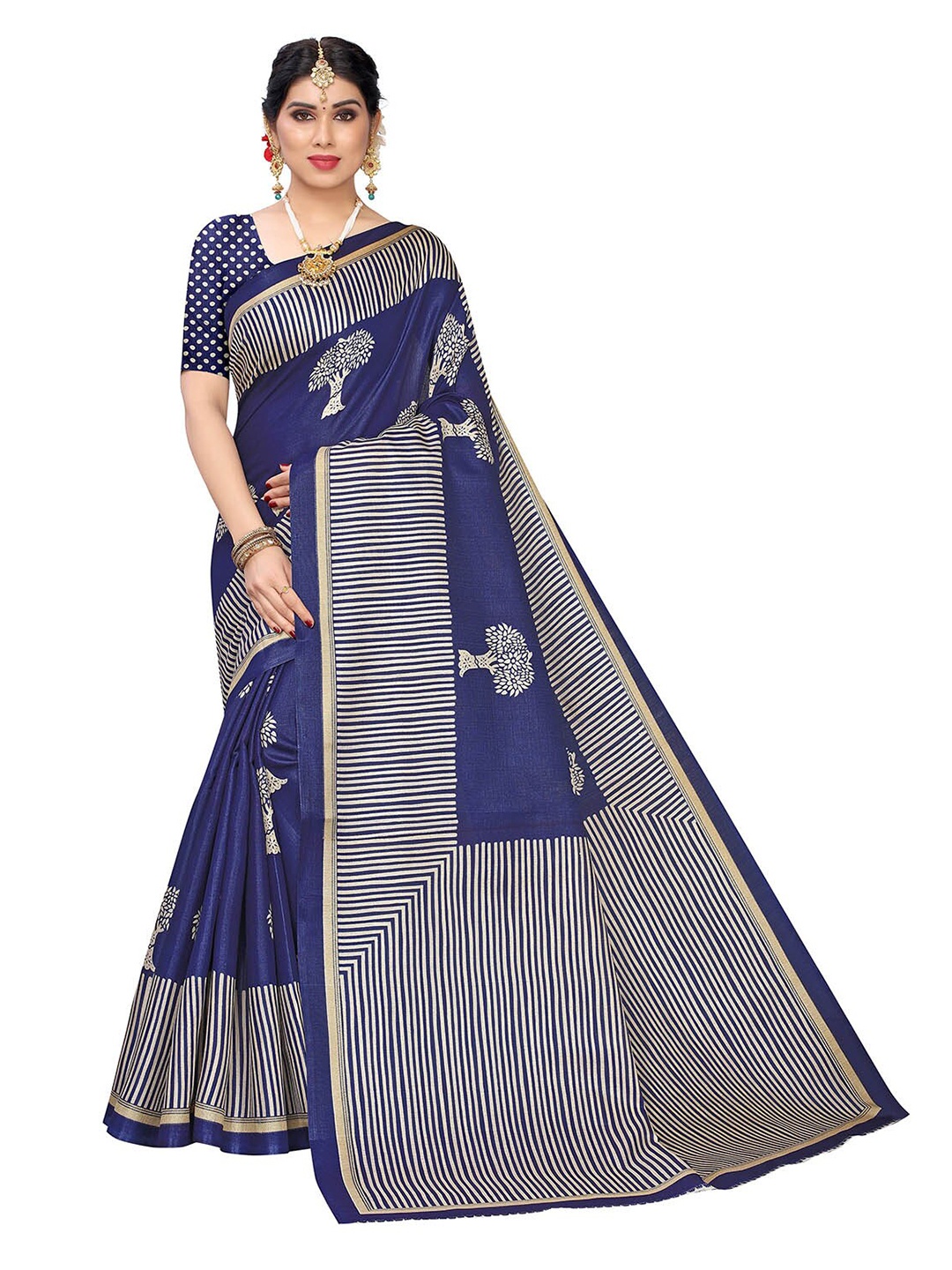 

KALINI Navy Blue & Gold-Toned Ethnic Motifs Silk Blend Khadi Saree