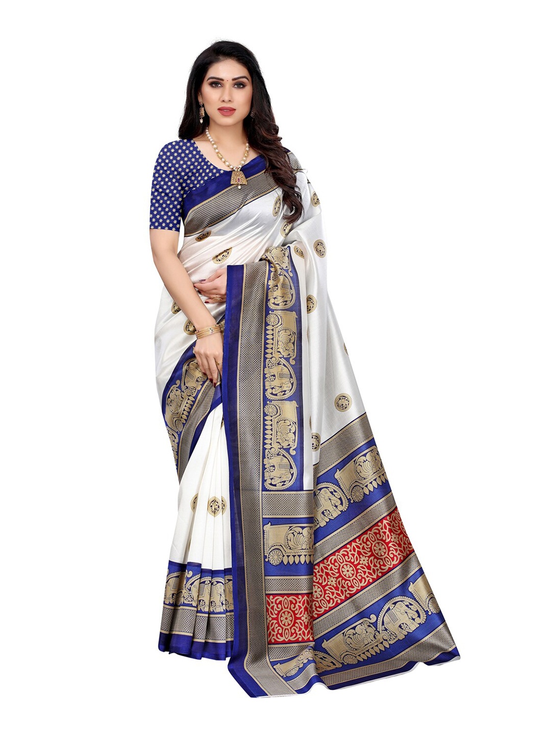 

KALINI Off White & Blue Floral Printed Art Silk Saree