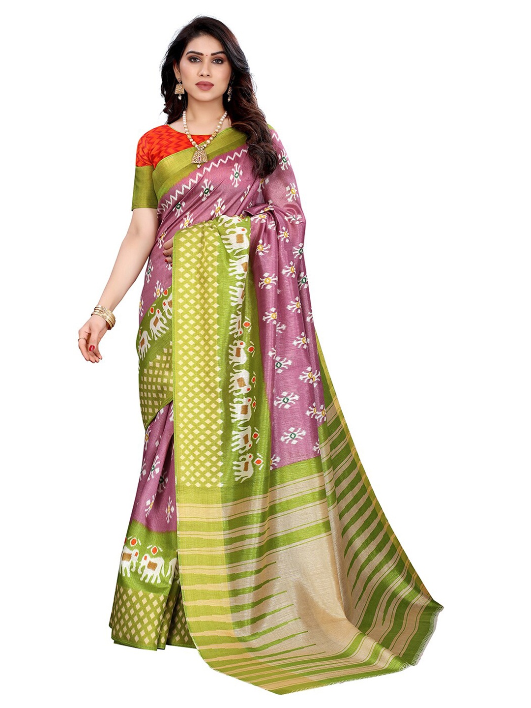 

KALINI Purple & Gold-Toned Floral Printed Silk Cotton Saree