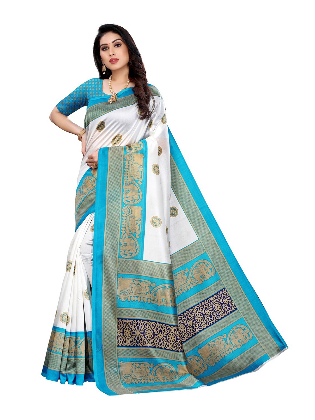 

KALINI Off White & Turquoise Blue Ethnic Motifs Art Silk Saree