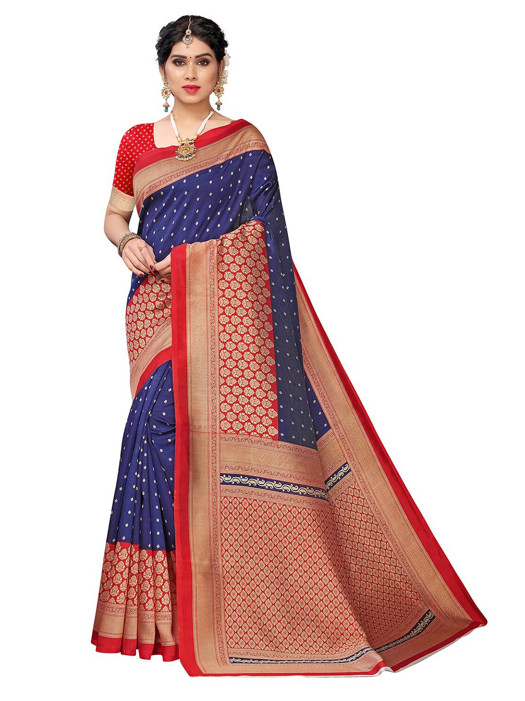 

KALINI Navy Blue & Red Ethnic Motifs Printed Saree