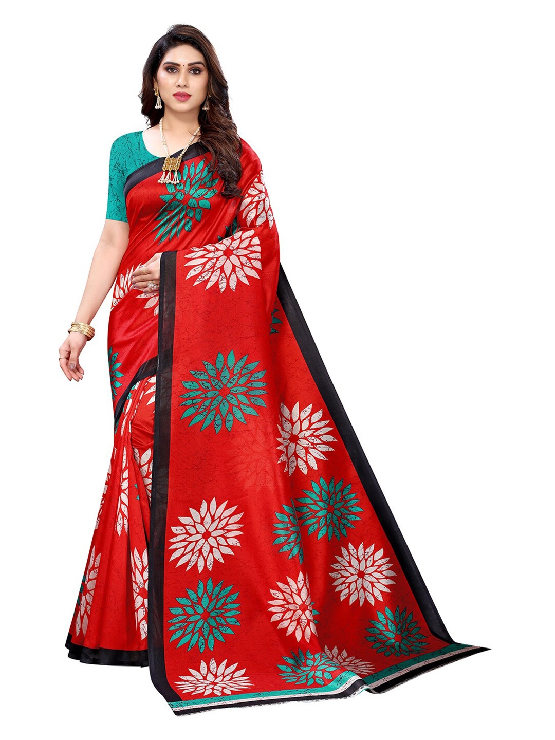 

KALINI Red & Teal Floral Printed Art Silk Saree