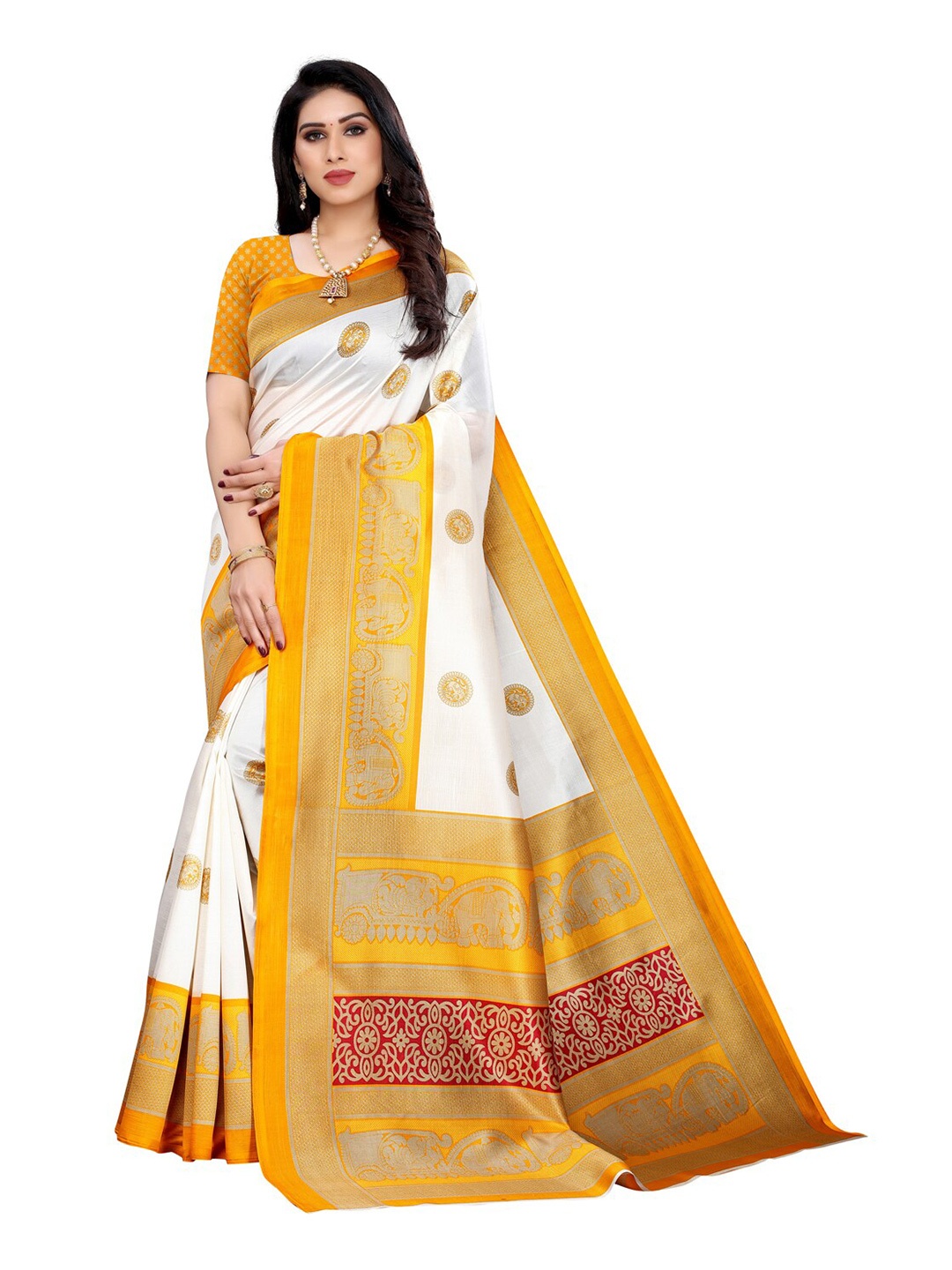 

KALINI Off White & Yellow Floral Art Silk Saree