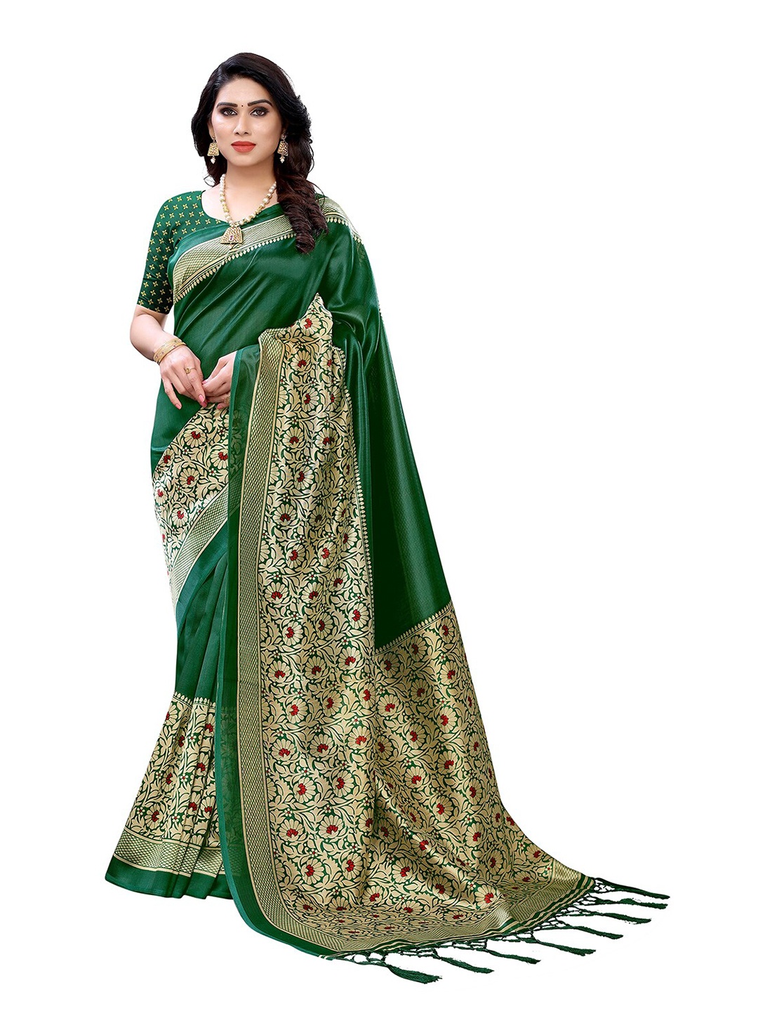 

KALINI Green & Gold-Toned Floral Art Silk Saree