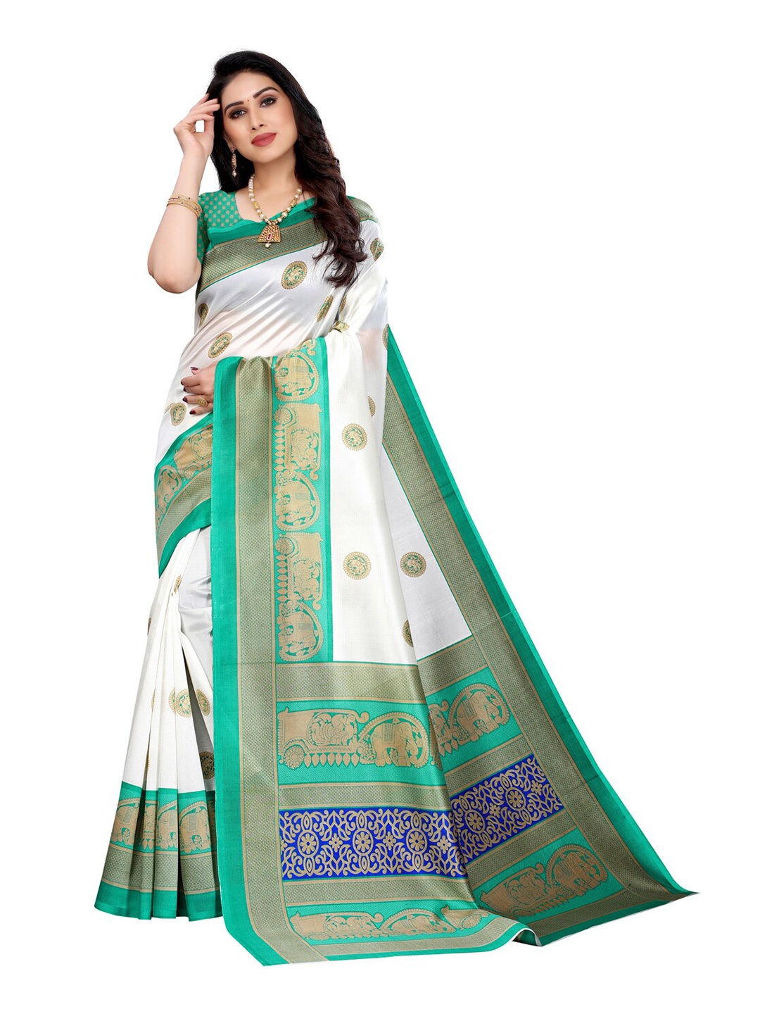 

KALINI Off White & Green Ethnic Motifs Art Silk Saree