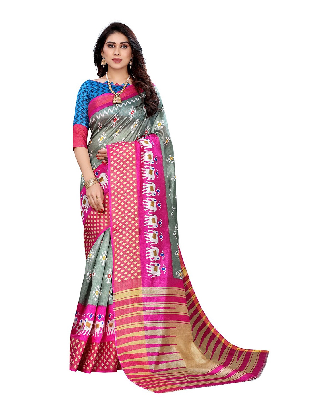 

KALINI Grey & Pink Ethnic Motifs Printed Saree