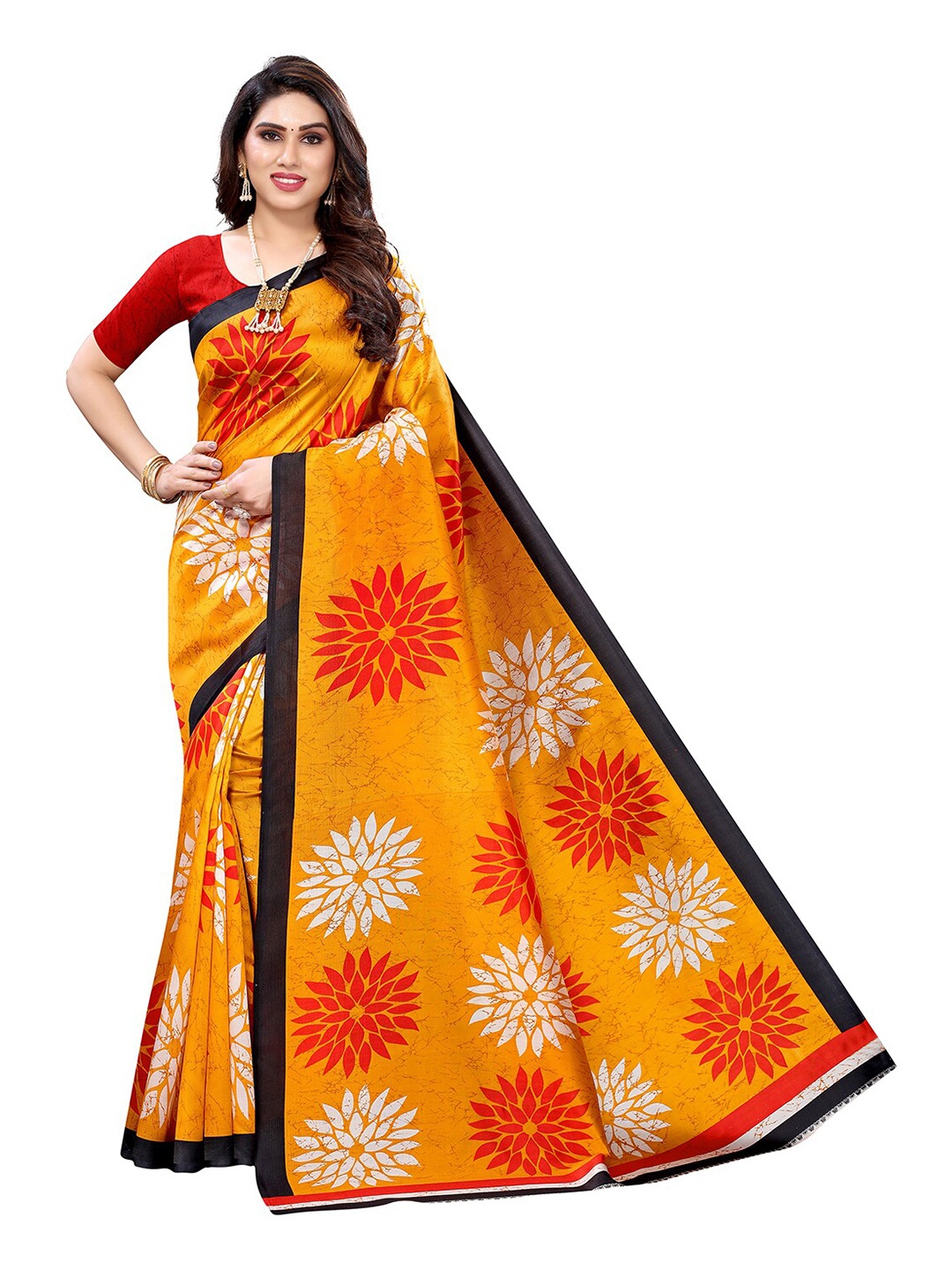 

KALINI Mustard & Red Floral Printed Saree