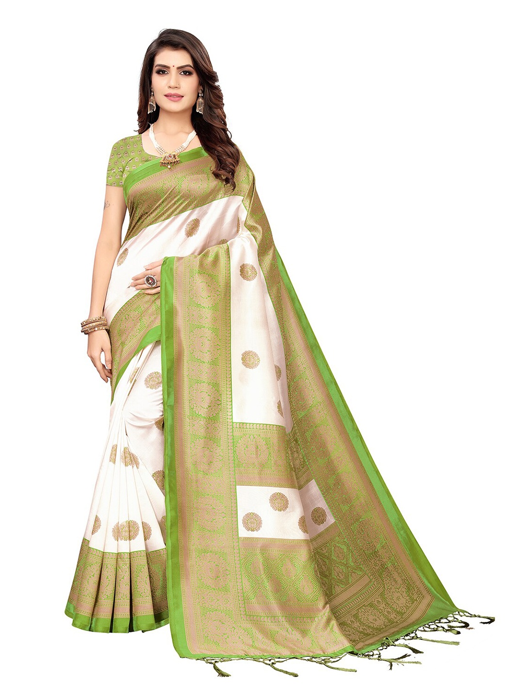 

KALINI Off White & Green Ethnic Motifs Art Silk Saree