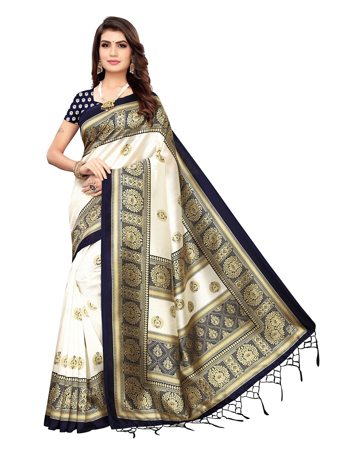 

KALINI White & Navy Blue Ethnic Motifs Art Silk Saree