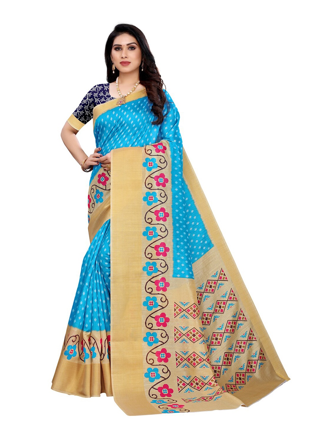 

KALINI Turquoise Blue & Pink Floral Silk Cotton Saree