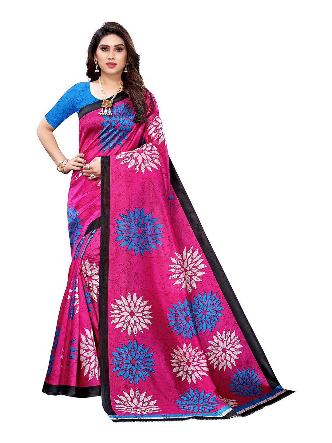 

KALINI Pink & Blue Floral Art Silk Saree