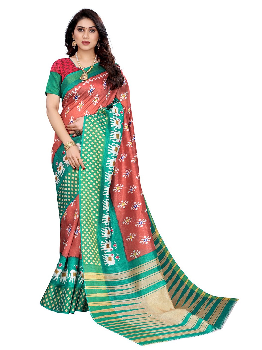 

KALINI Rust & Green Ethnic Motifs Silk Cotton Saree