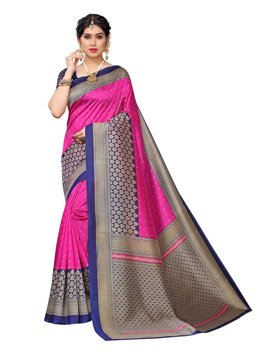 

KALINI Pink & Gold-Toned Ethnic Motifs Art Silk Saree