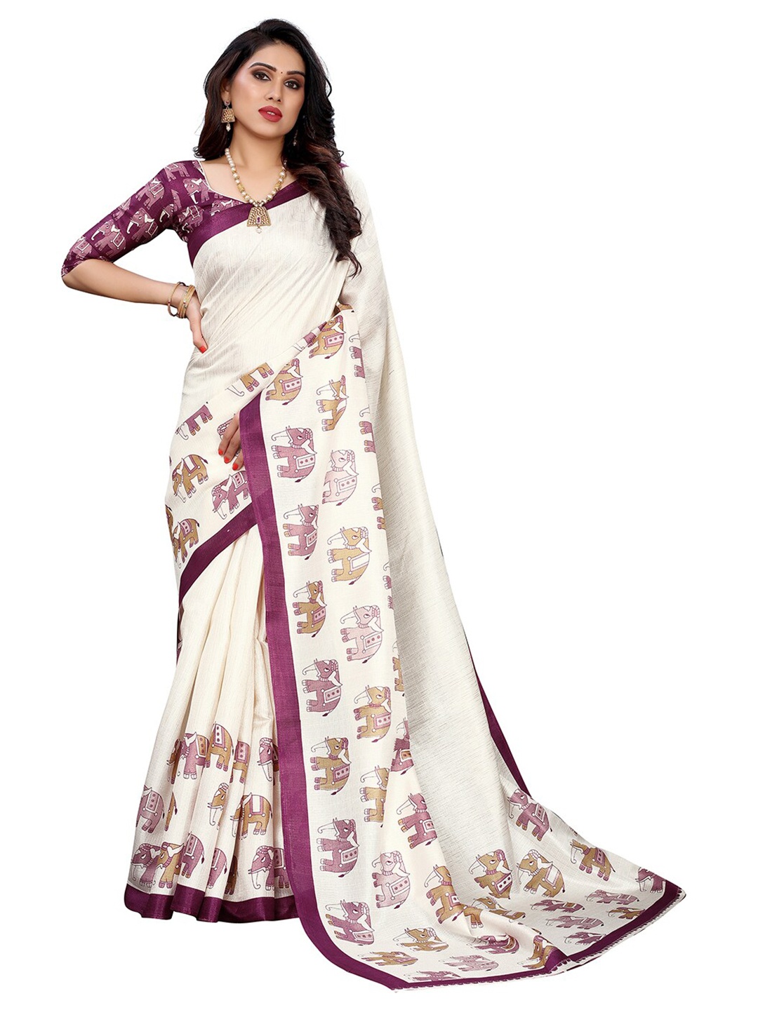 

KALINI Cream-Coloured & Purple Ethnic Motifs Silk Blend Khadi Saree
