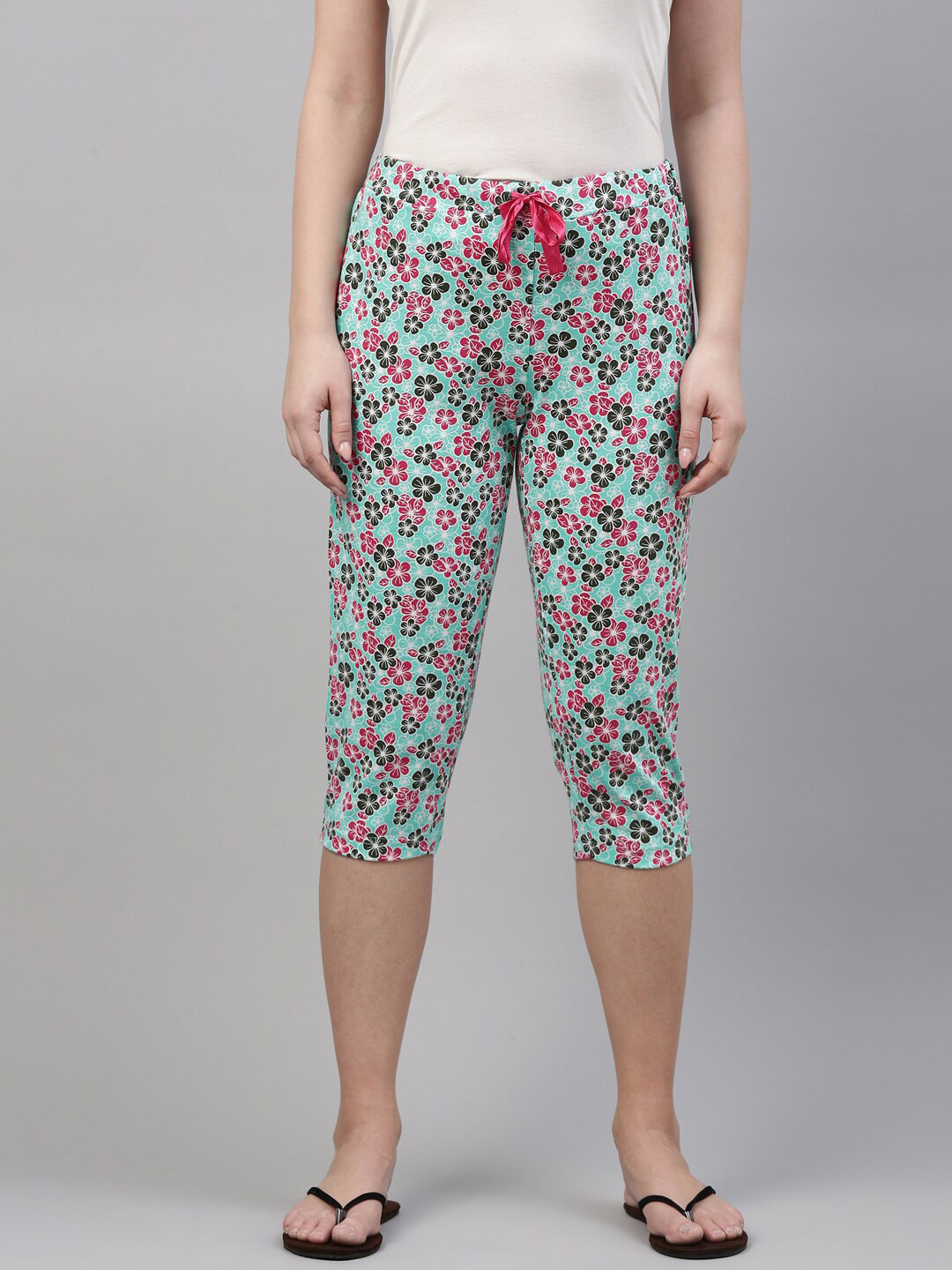 

Enviously Young Women Teal Green & Pink Printed Pure Cotton Capris