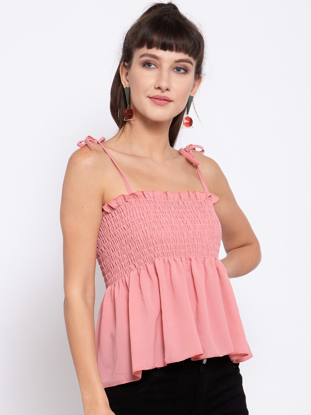 

iki chic Pink Smocked Georgette Cinched Waist Top
