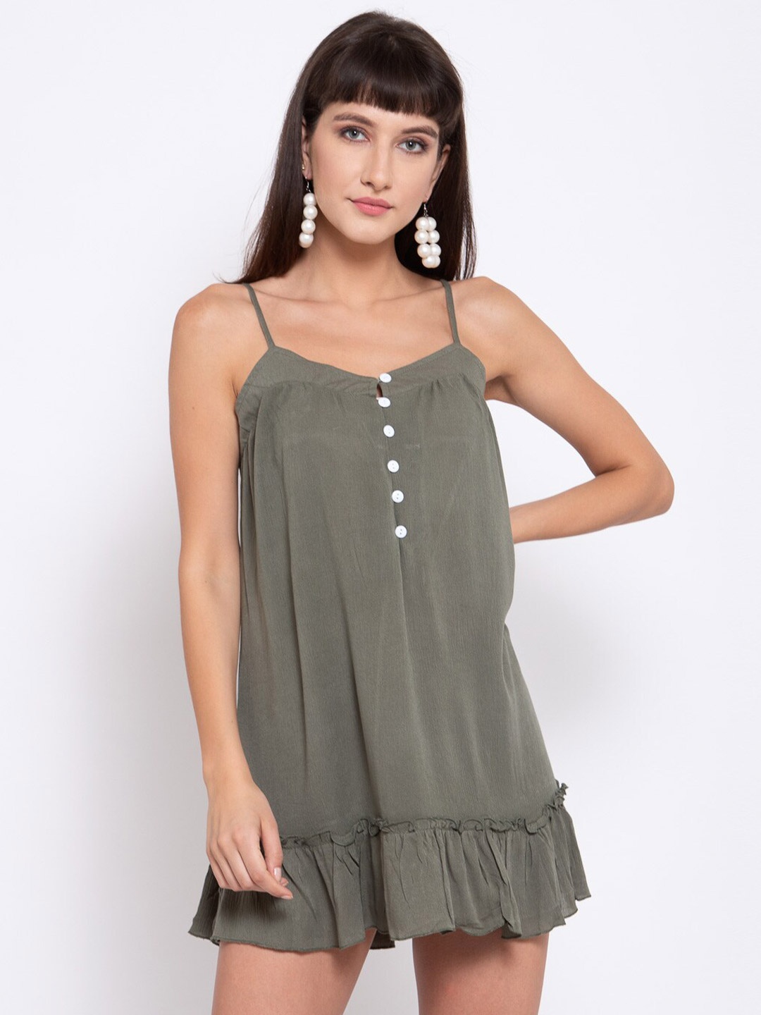 

iki chic Olive Green Shoulder Strap A-Line Mini Dress