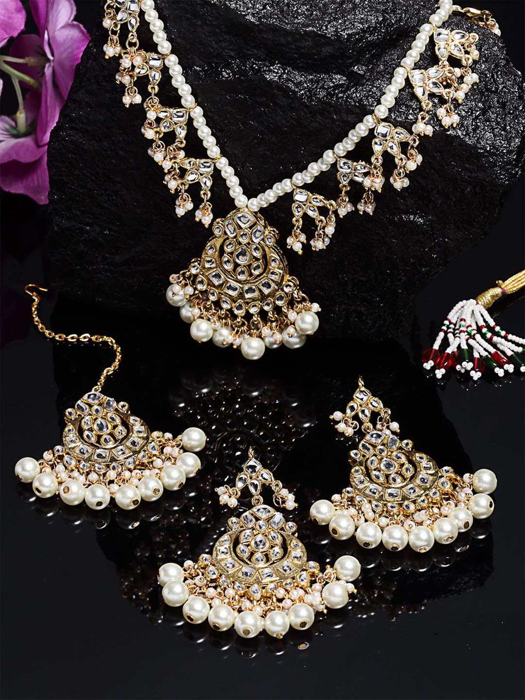 

KARATCART Gold Plated Pearl Studded Tasselled Rani Haar Necklace Set