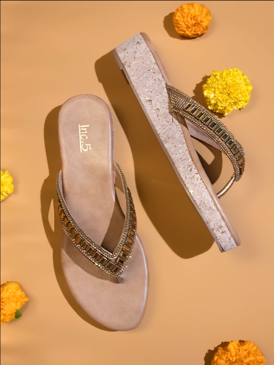 

Inc 5 Women Gold-Toned Embellished Comfort Heels