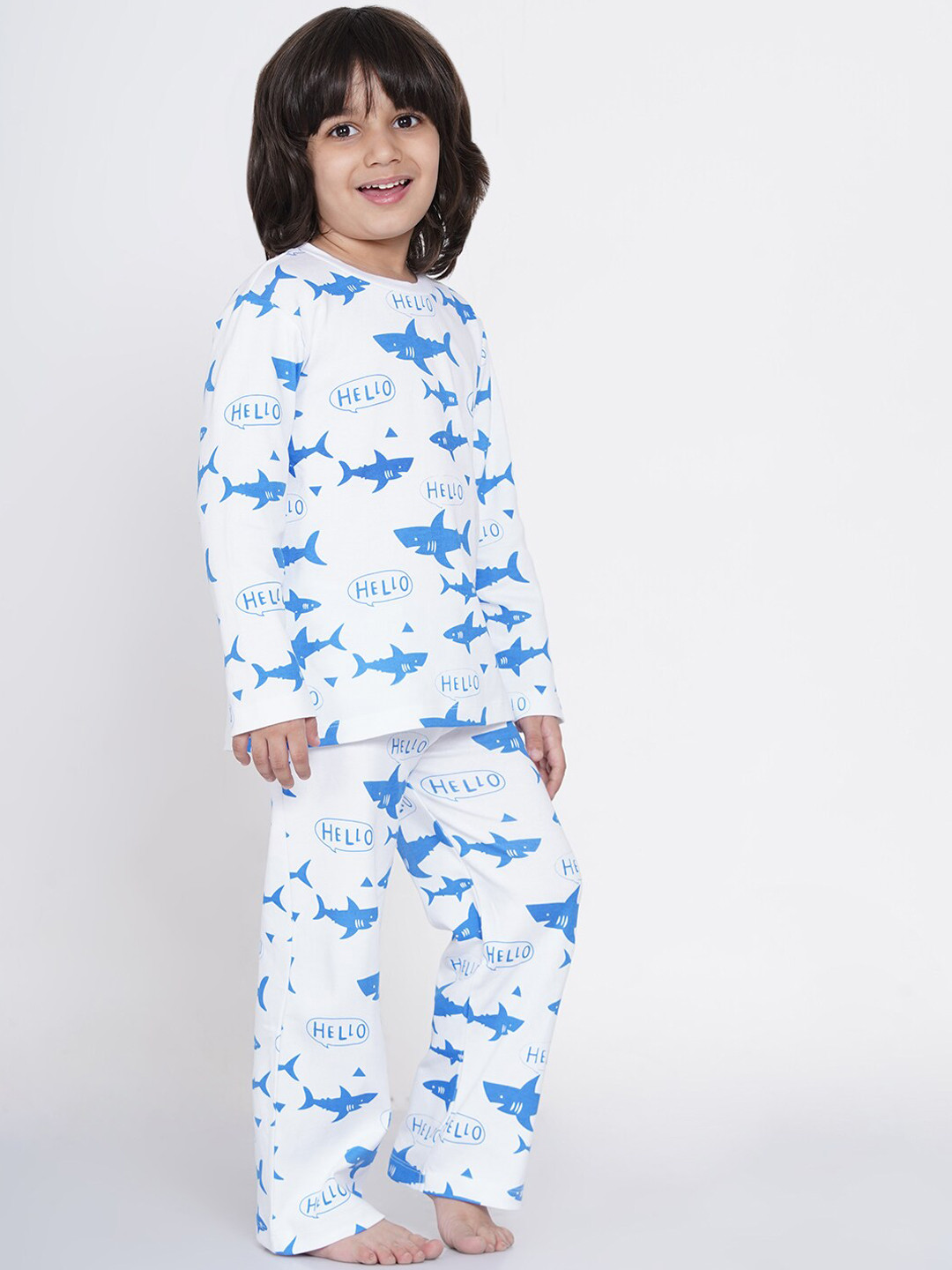 

berrytree Boys Blue & White Graphic Printed Organic Cotton Night Suit