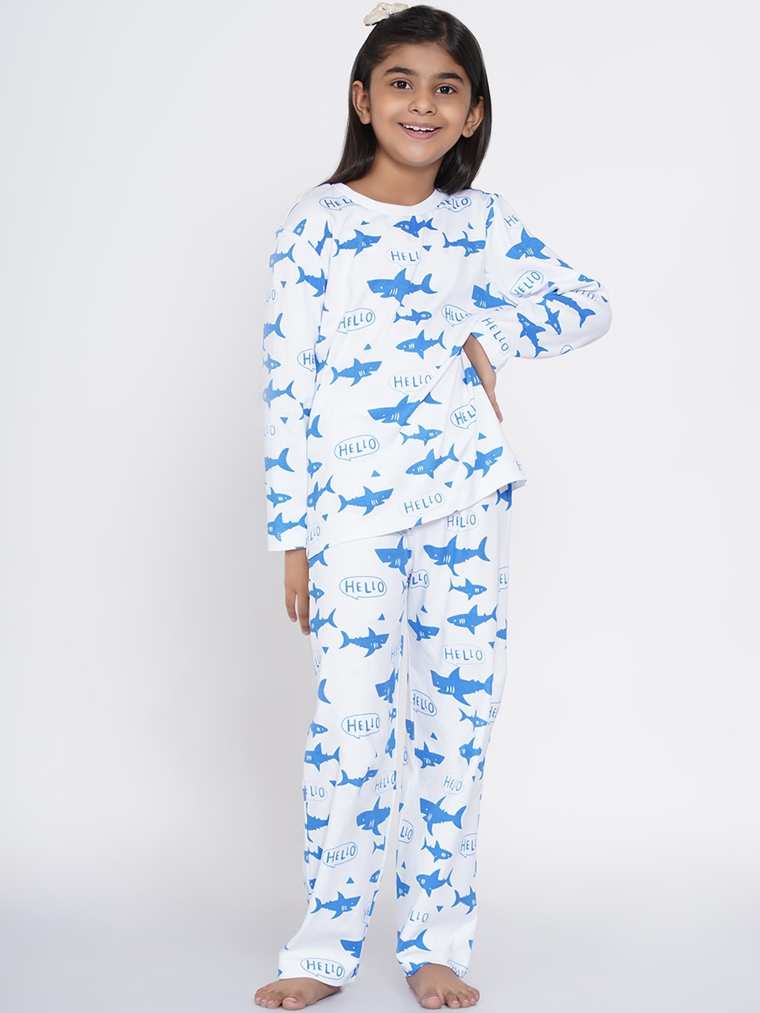 

berrytree Girls White & Blue Printed Organic Cotton Night Suit